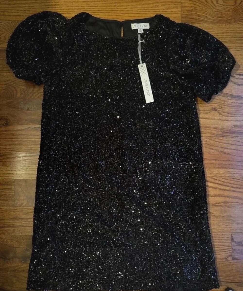 SHE+SKY Sequin Mini Dress Size M Black Puff Short Sleeve Party